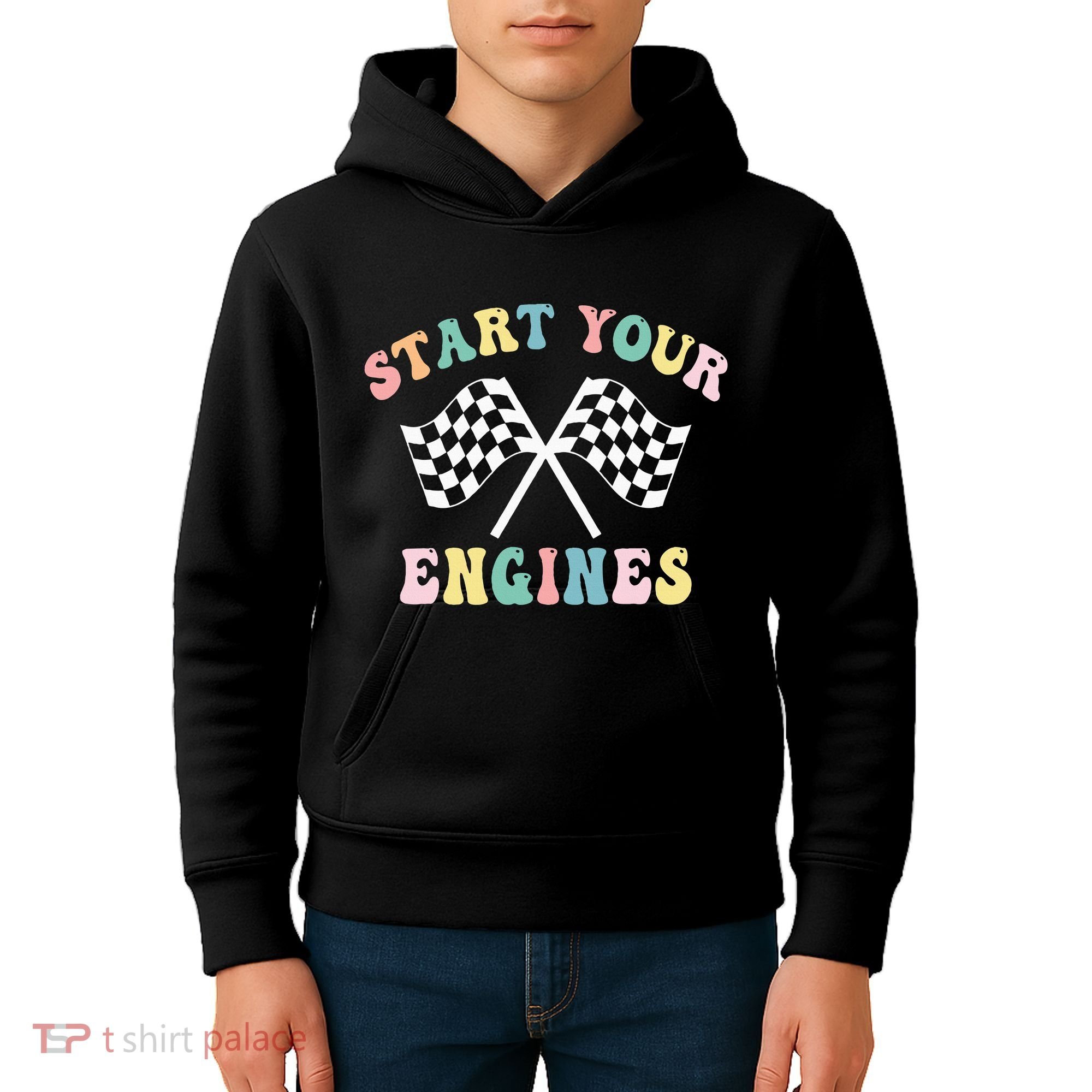 Start Your Engines Groovy Checkered Flag Retro Racing Kids Hoodie
