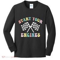 Start Your Engines Groovy Checkered Flag Retro Racing Kids Long Sleeve Shirt thumb 0
