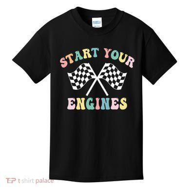 Start Your Engines Groovy Checkered Flag Retro Racing Kids T-Shirt