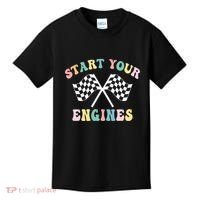 Start Your Engines Groovy Checkered Flag Retro Racing Kids T-Shirt thumb 0