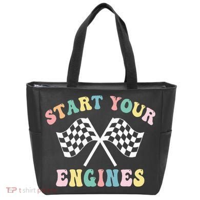 Start Your Engines Groovy Checkered Flag Retro Racing Tote Bag