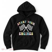 Start Your Engines Groovy Checkered Flag Retro Racing Hoodie thumb 0