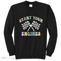 Start Your Engines Groovy Checkered Flag Retro Racing Sweatshirt thumb 0