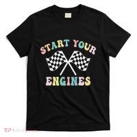 Start Your Engines Groovy Checkered Flag Retro Racing T-Shirt thumb 0