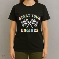 Start Your Engines Groovy Checkered Flag Retro Racing T-Shirt thumb 4