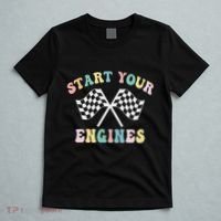 Start Your Engines Groovy Checkered Flag Retro Racing T-Shirt thumb 5