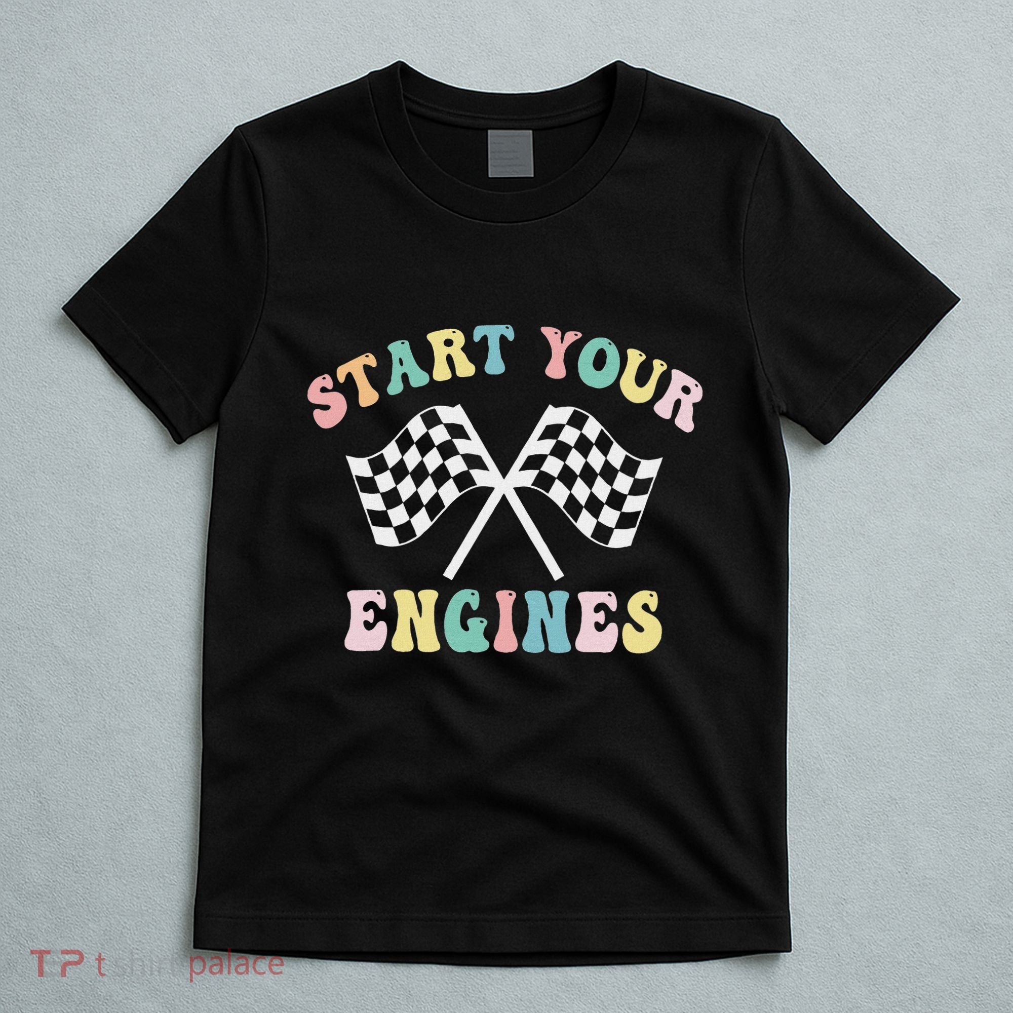 Start Your Engines Groovy Checkered Flag Retro Racing T-Shirt