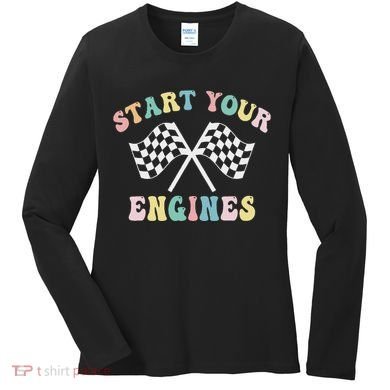 Start Your Engines Groovy Checkered Flag Retro Racing Women's Long Sleeve Shirt