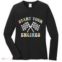 Start Your Engines Groovy Checkered Flag Retro Racing Women's Long Sleeve Shirt thumb 0