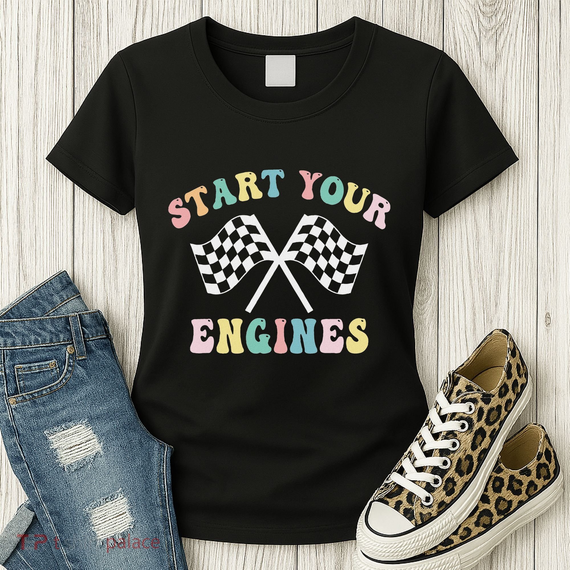 Start Your Engines Groovy Checkered Flag Retro Racing Women's T-Shirt