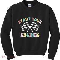Start Your Engines Groovy Checkered Flag Retro Racing Kids Sweatshirt thumb 0