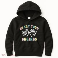 Start Your Engines Groovy Checkered Flag Retro Racing Kids Hoodie thumb 0