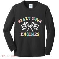 Start Your Engines Groovy Checkered Flag Retro Racing Kids Long Sleeve Shirt thumb 0