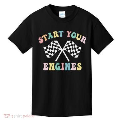Start Your Engines Groovy Checkered Flag Retro Racing Kids T-Shirt