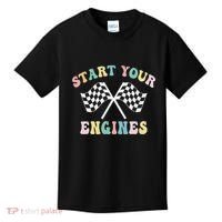 Start Your Engines Groovy Checkered Flag Retro Racing Kids T-Shirt thumb 0