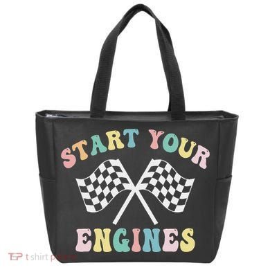 Start Your Engines Groovy Checkered Flag Retro Racing Tote Bag