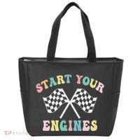Start Your Engines Groovy Checkered Flag Retro Racing Tote Bag thumb 0