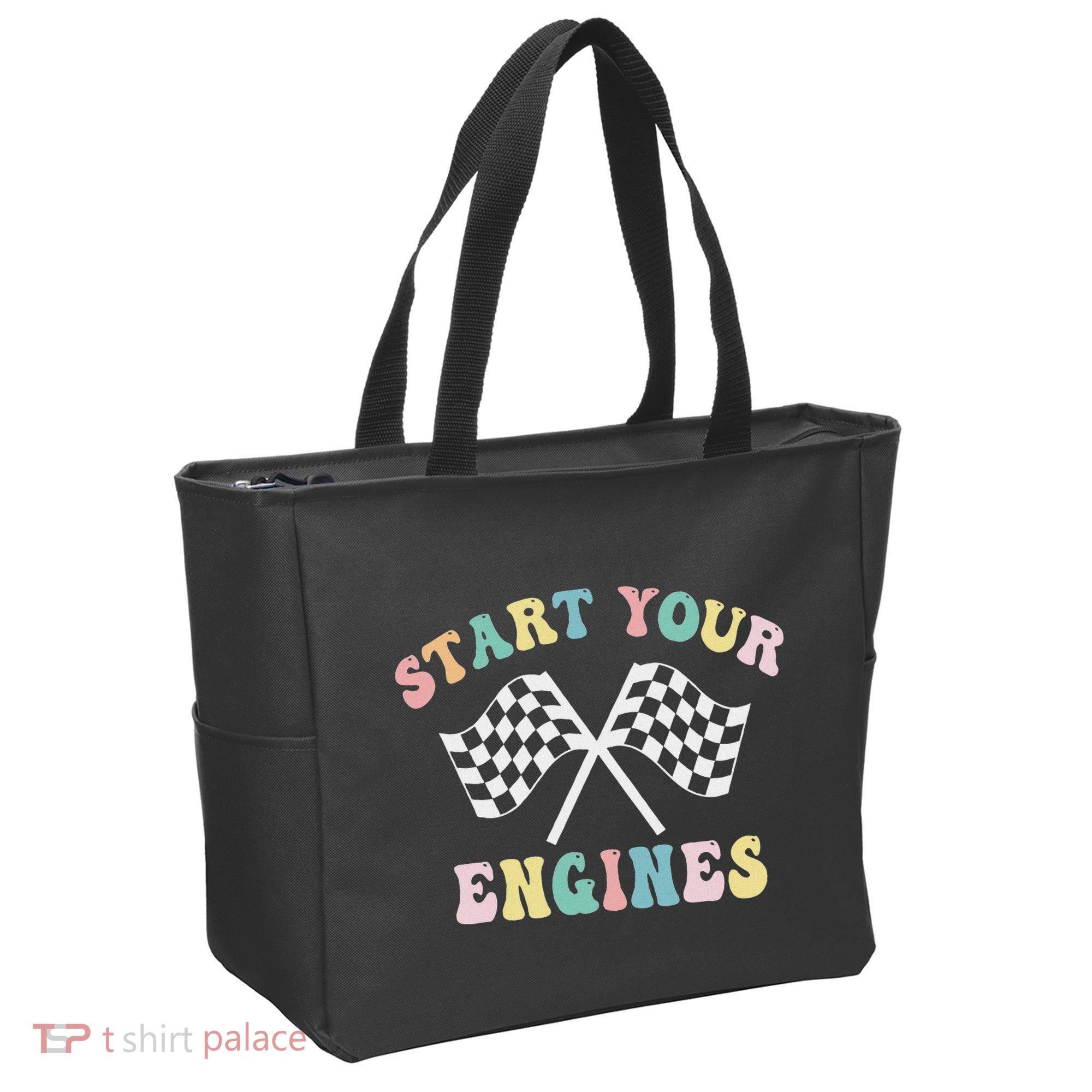 Start Your Engines Groovy Checkered Flag Retro Racing Tote Bag
