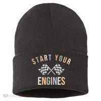 Start Your Engines Funny Checkered Flag Racing Funny Gift Sustainable Knit Beanie thumb 0
