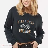 Start Your Engines Funny Checkered Flag Racing Funny Gift Cropped Pullover Crew thumb 2