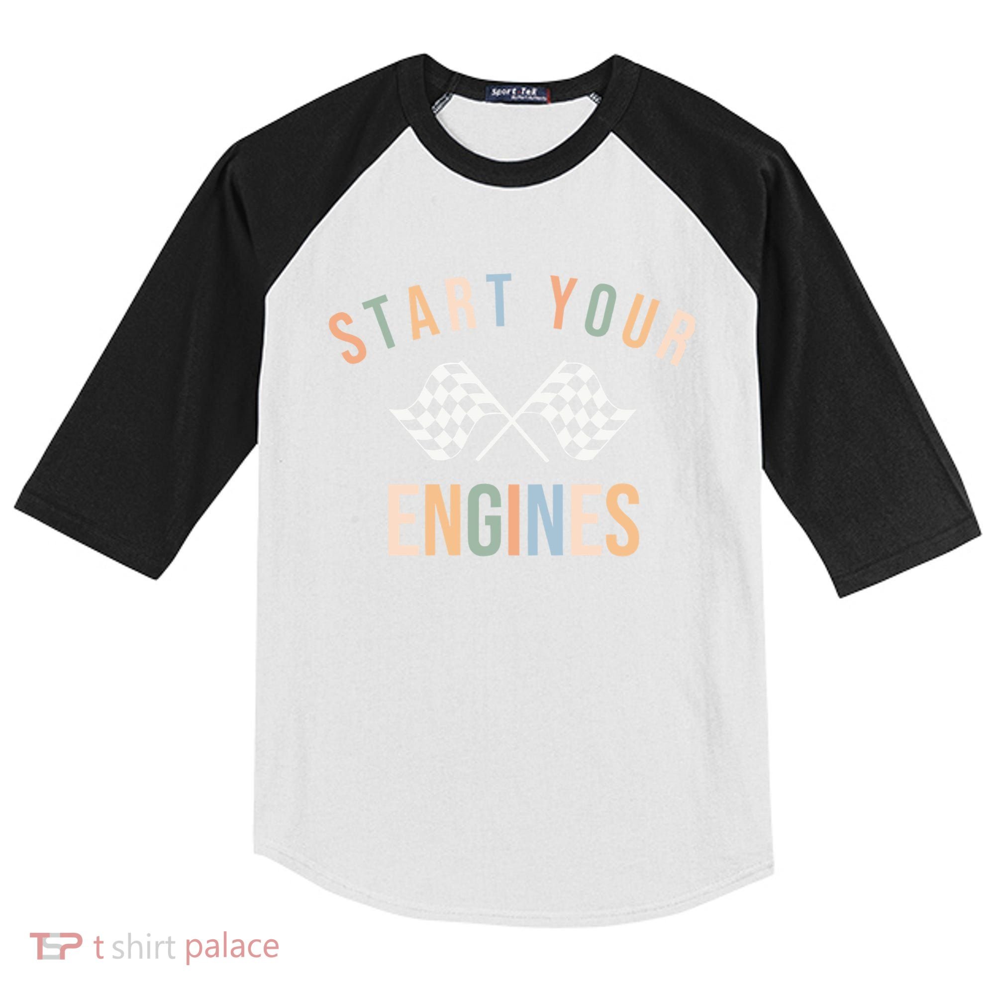 Start Your Engines Funny Checkered Flag Racing Funny Gift Kids Colorblock Raglan Jersey