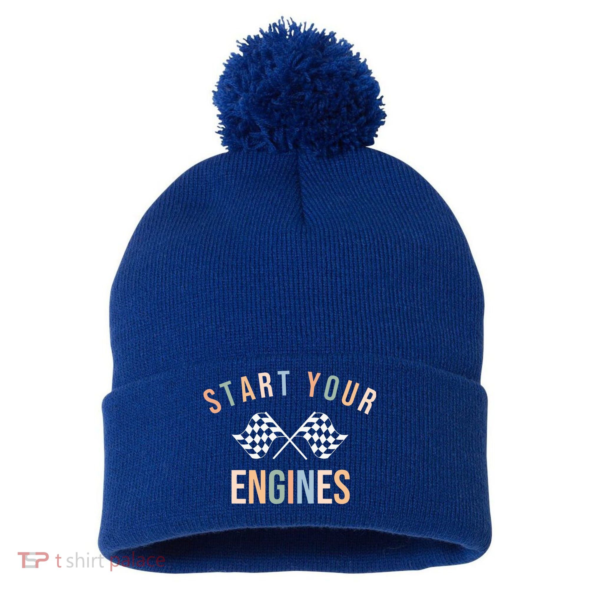Start Your Engines Funny Checkered Flag Racing Funny Gift Pom Pom 12in Knit Beanie