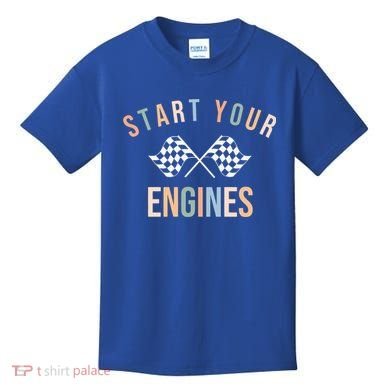 Start Your Engines Funny Checkered Flag Racing Funny Gift Kids T-Shirt