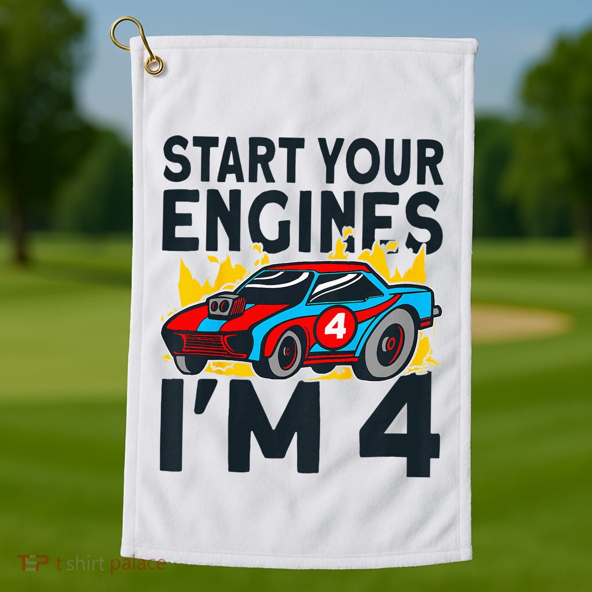 Start You Engines IM 4 Race Car 4th Birthday Race Car Golf Towel