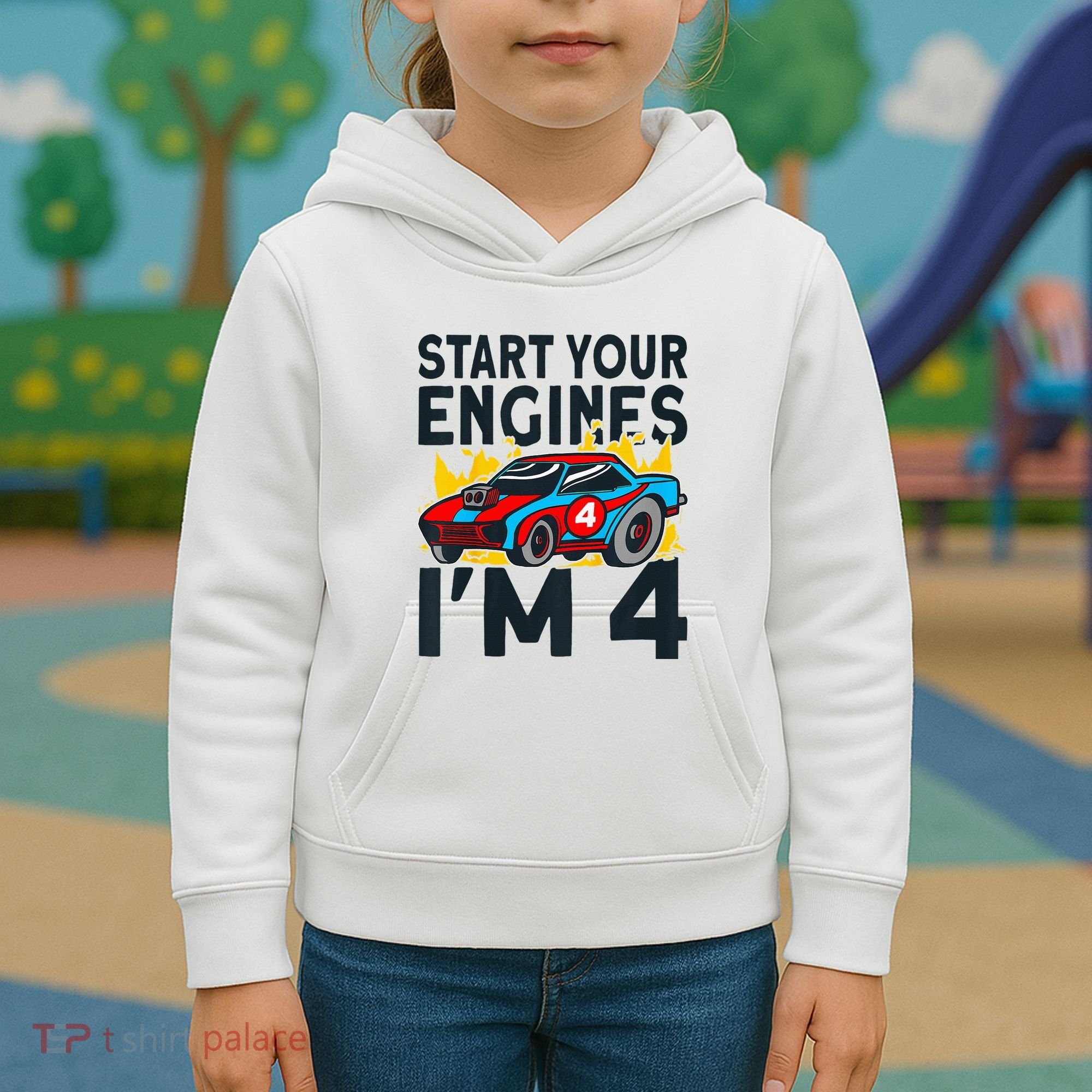 Start You Engines IM 4 Race Car 4th Birthday Race Car Kids Hoodie