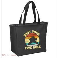 Shut Your Five Hole Funny Ice Hockey Goalie Tote Bag thumb 2