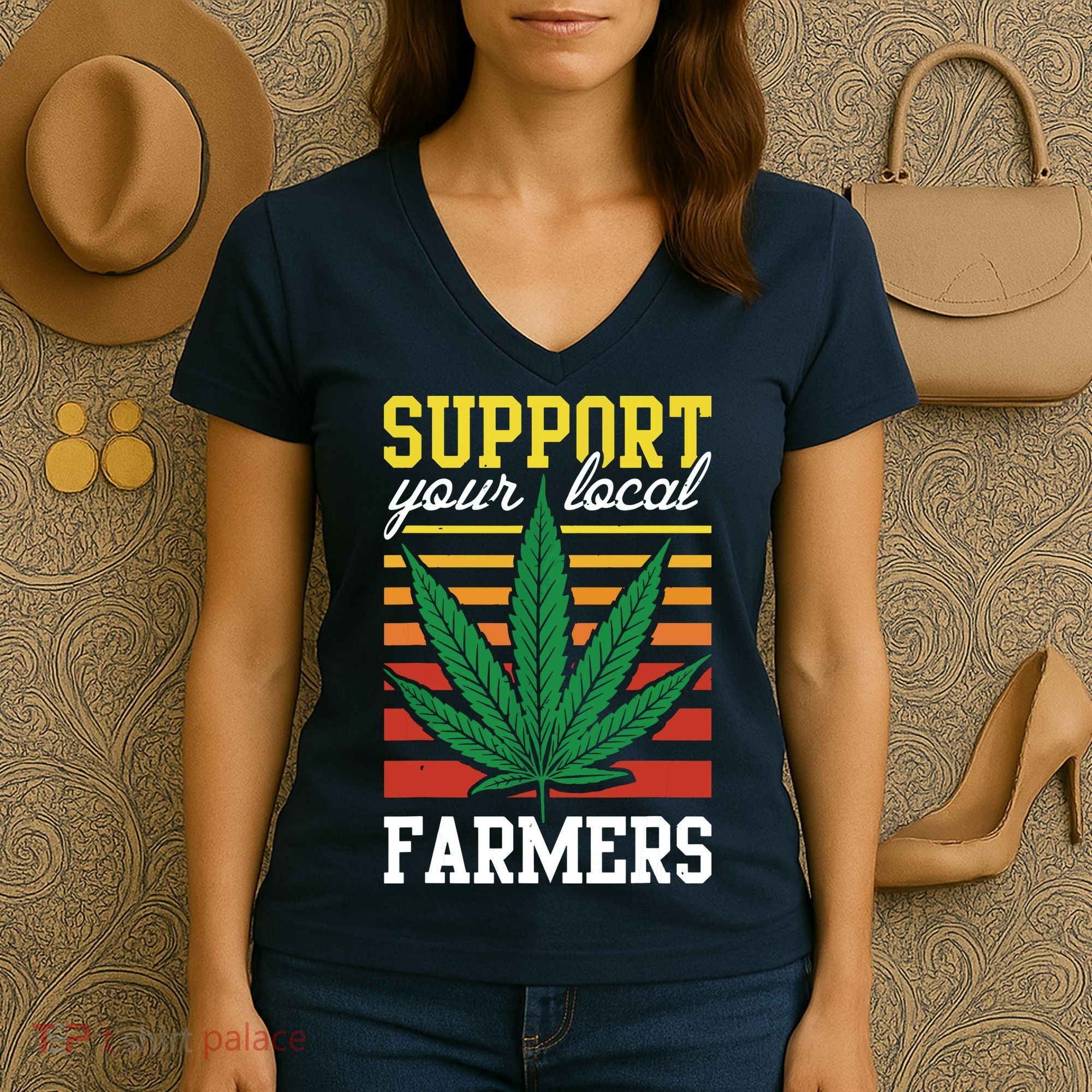 Support Your Local Farmers Cannabis Leaf Weed THC Marijuana Women's V-Neck T-Shirt