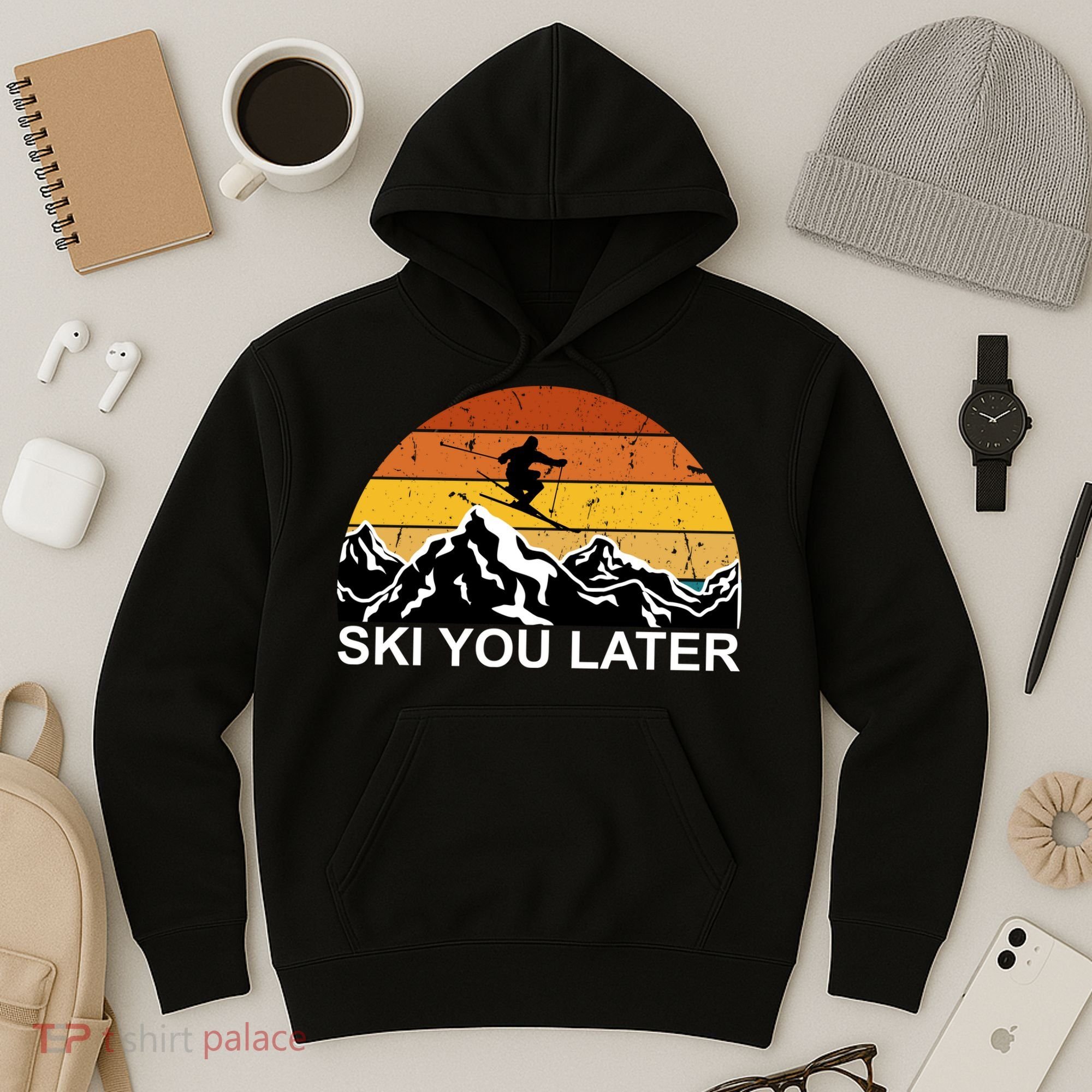 Ski You Later Skiing Retro Sunset Mountain Hoodie