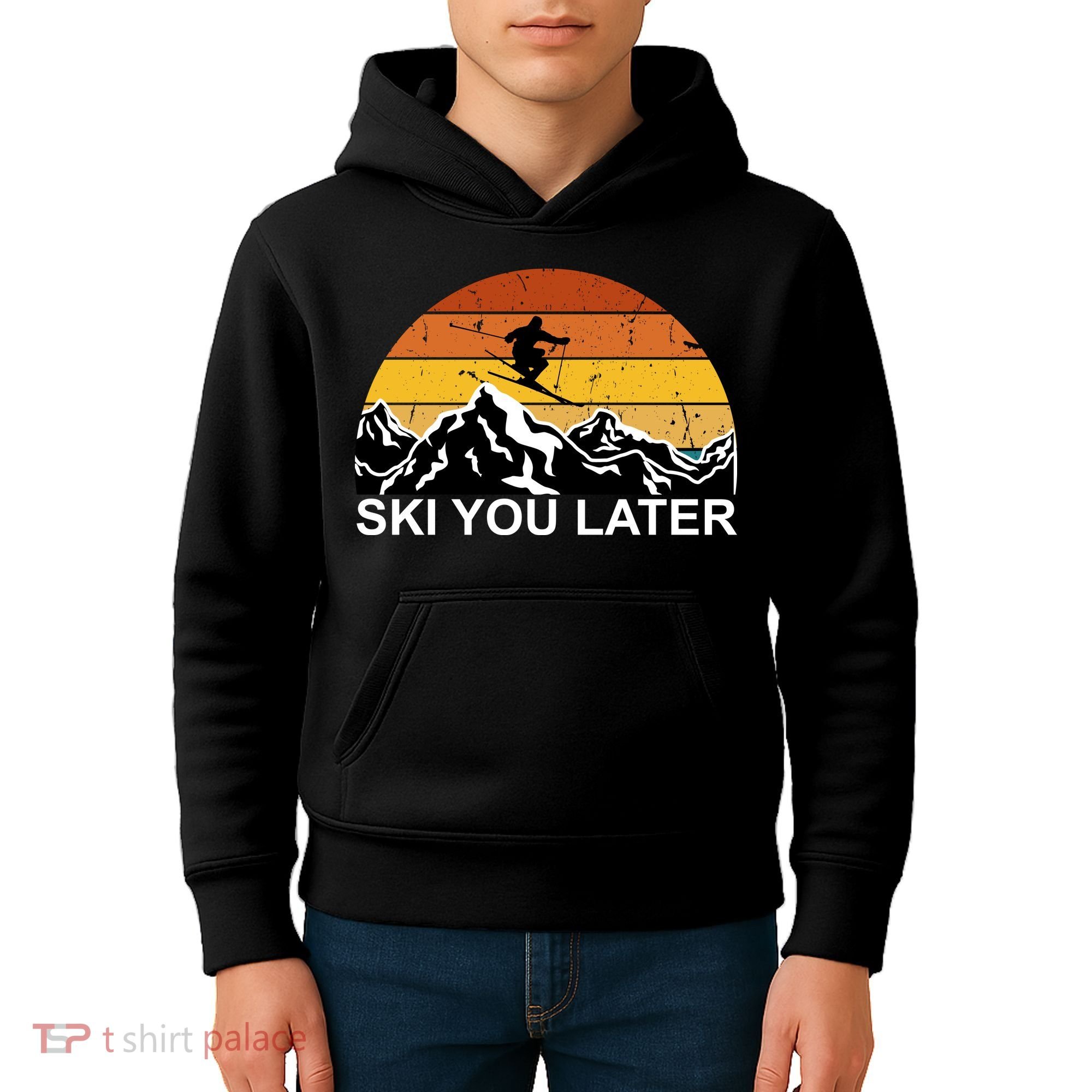 Ski You Later Skiing Retro Sunset Mountain Kids Hoodie