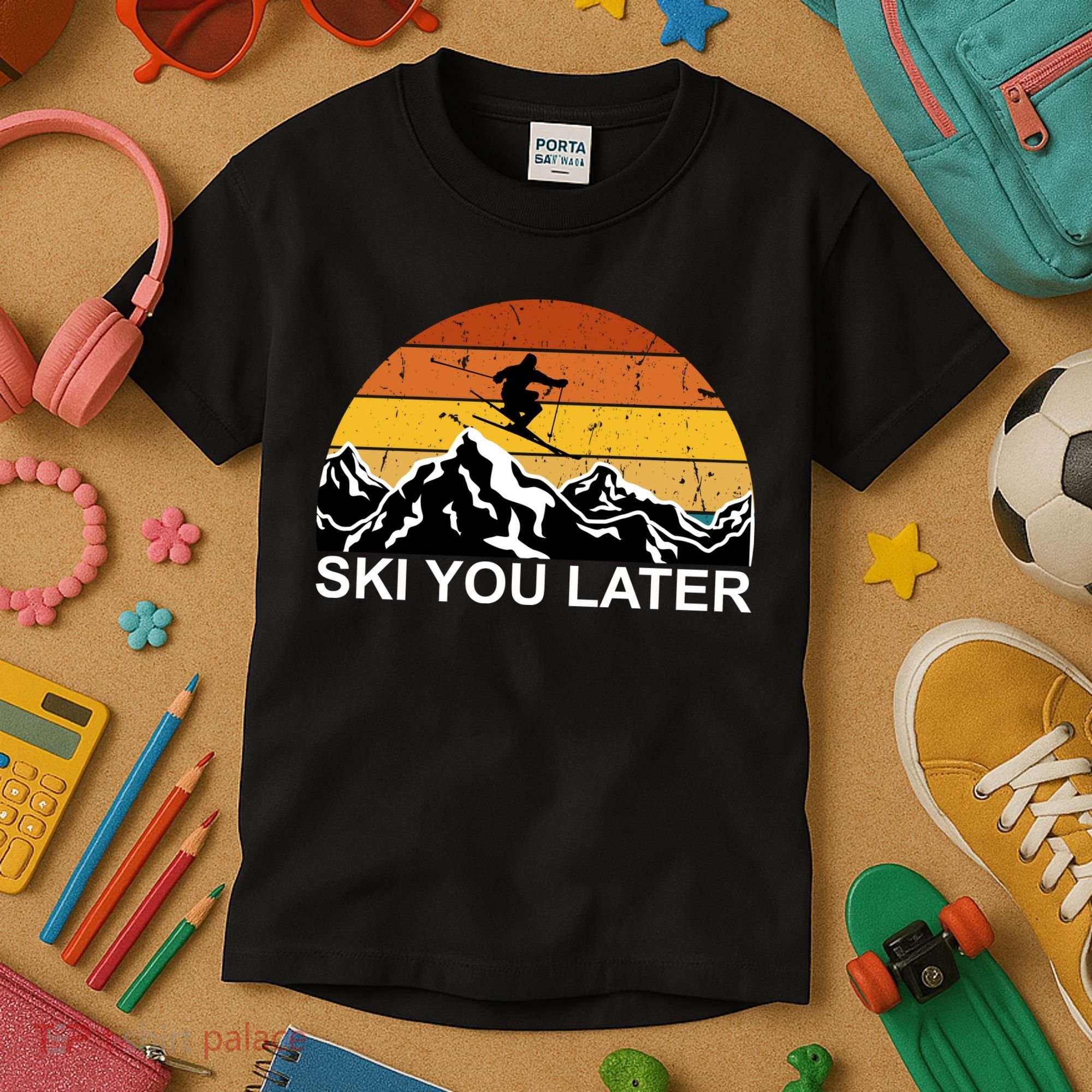 Ski You Later Skiing Retro Sunset Mountain Kids T-Shirt