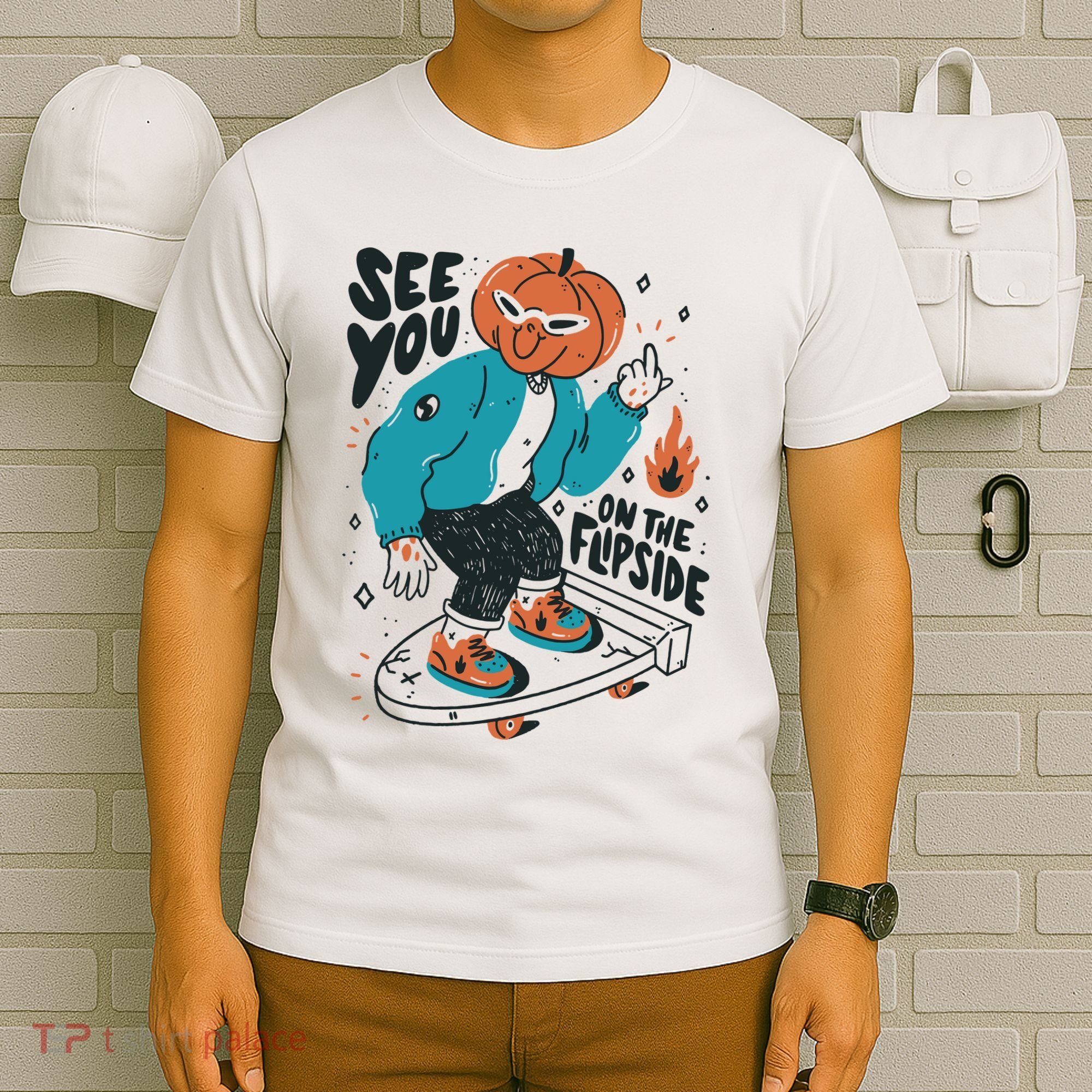 See You On The Flip Side Pumpkin Skateboard Halloween T-Shirt