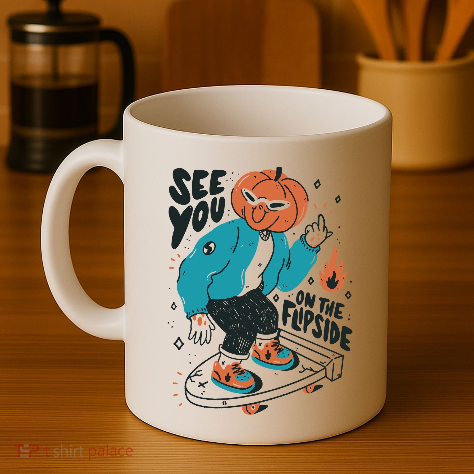 See You On The Flip Side Pumpkin Skateboard Halloween Coffee Mug
