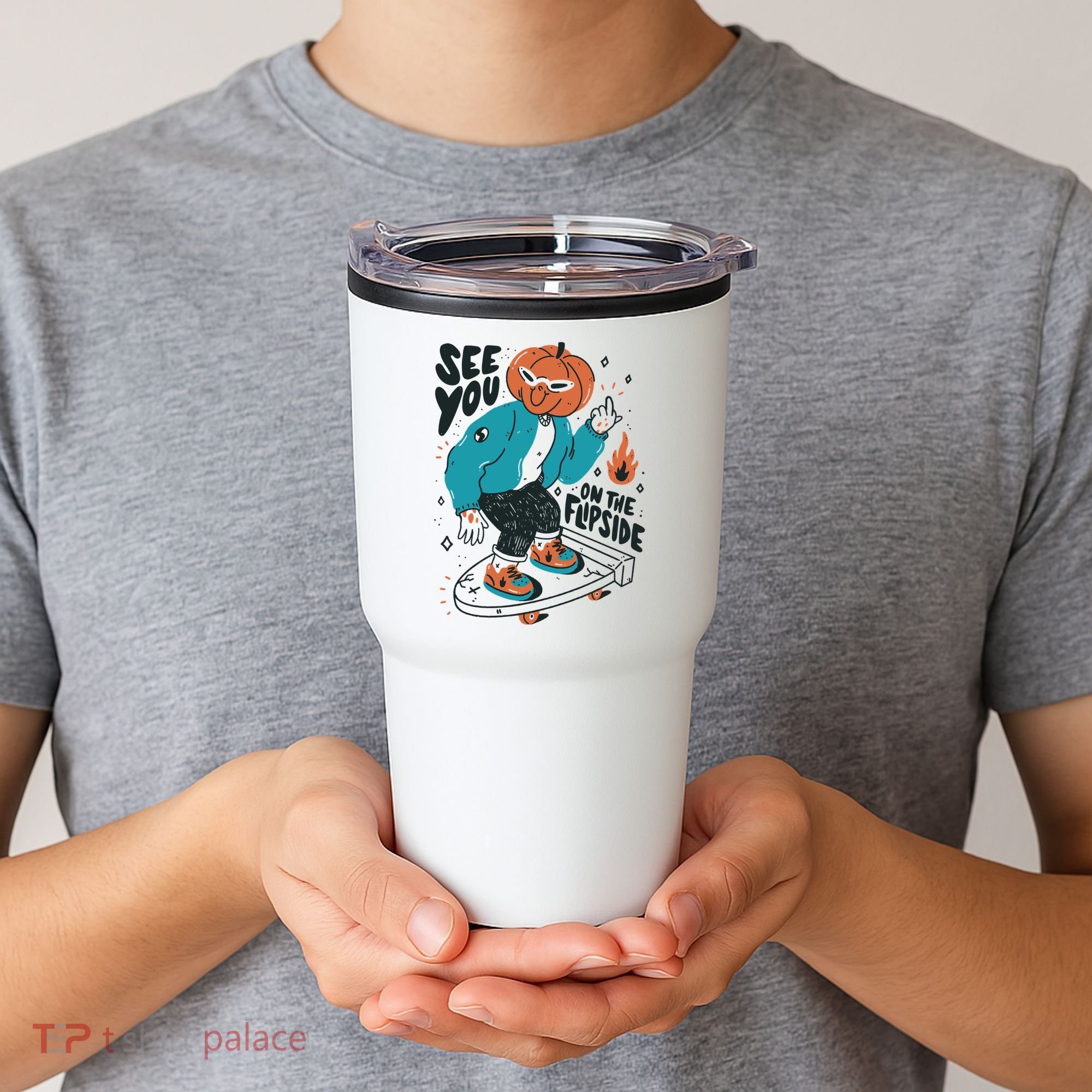 See You On The Flip Side Pumpkin Skateboard Halloween Tumbler