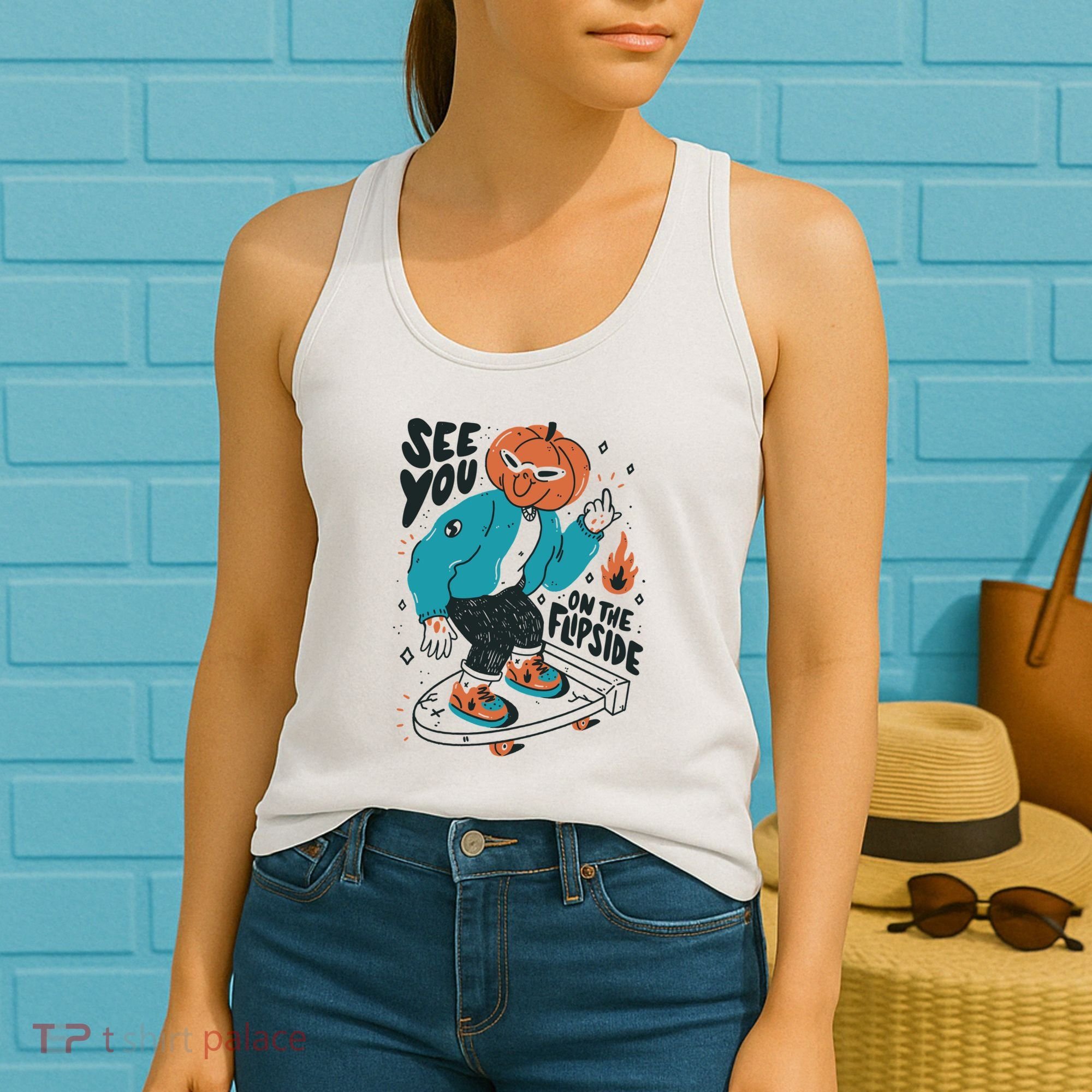 See You On The Flip Side Pumpkin Skateboard Halloween Women's Tank Top