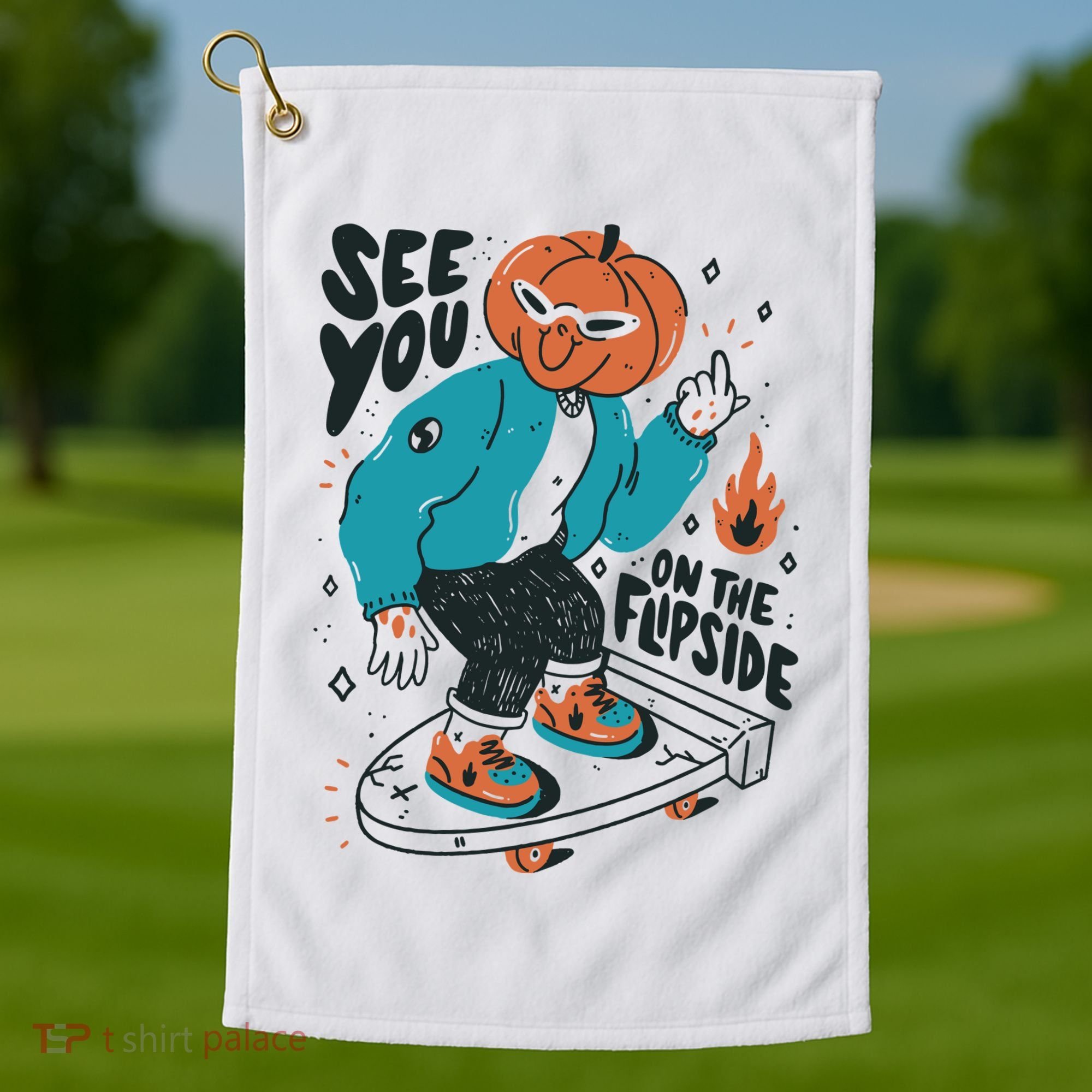 See You On The Flip Side Pumpkin Skateboard Halloween Golf Towel