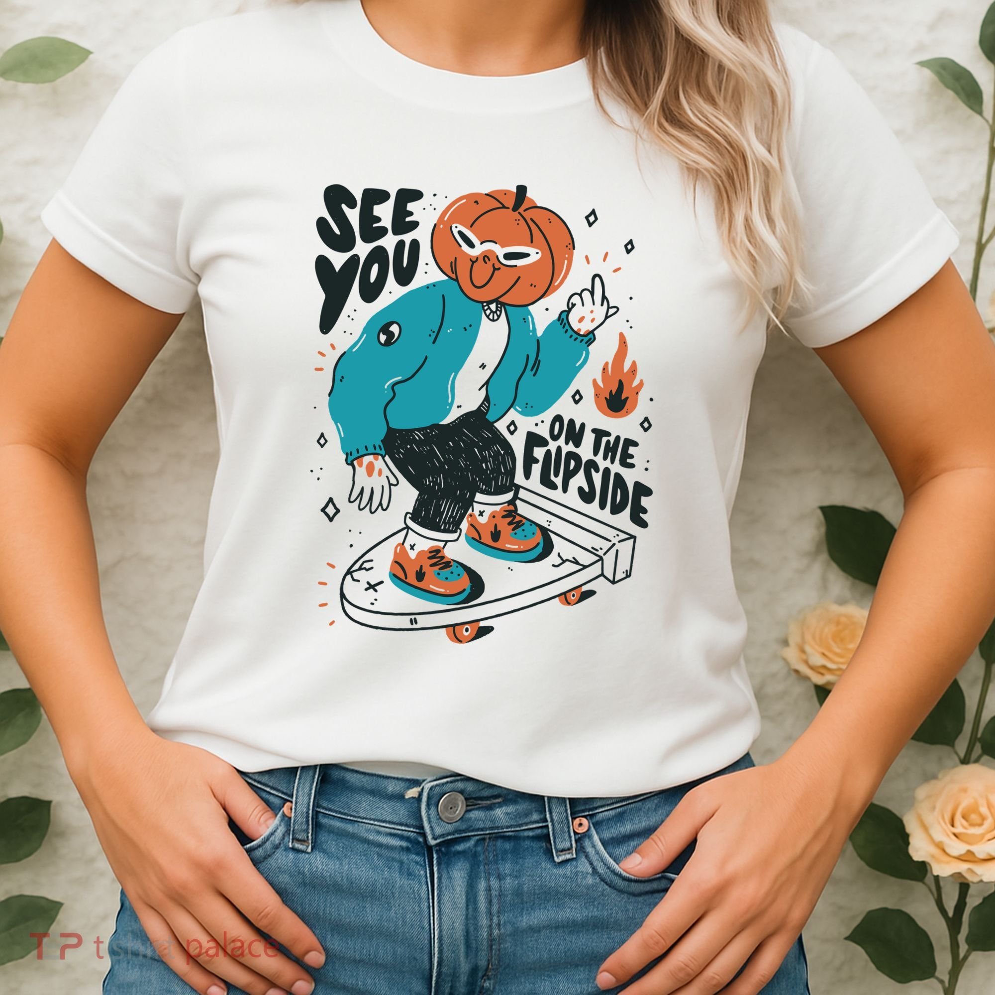 See You On The Flip Side Pumpkin Skateboard Halloween Women's T-Shirt