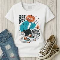 See You On The Flip Side Pumpkin Skateboard Halloween Women's T-Shirt thumb 3