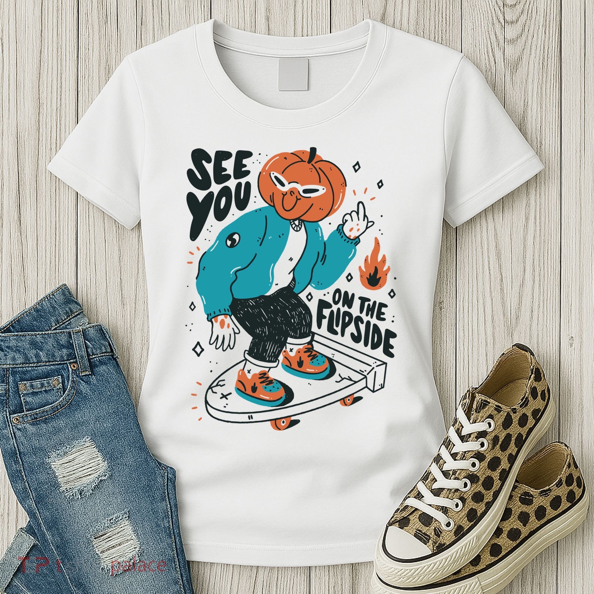 See You On The Flip Side Pumpkin Skateboard Halloween Women's T-Shirt