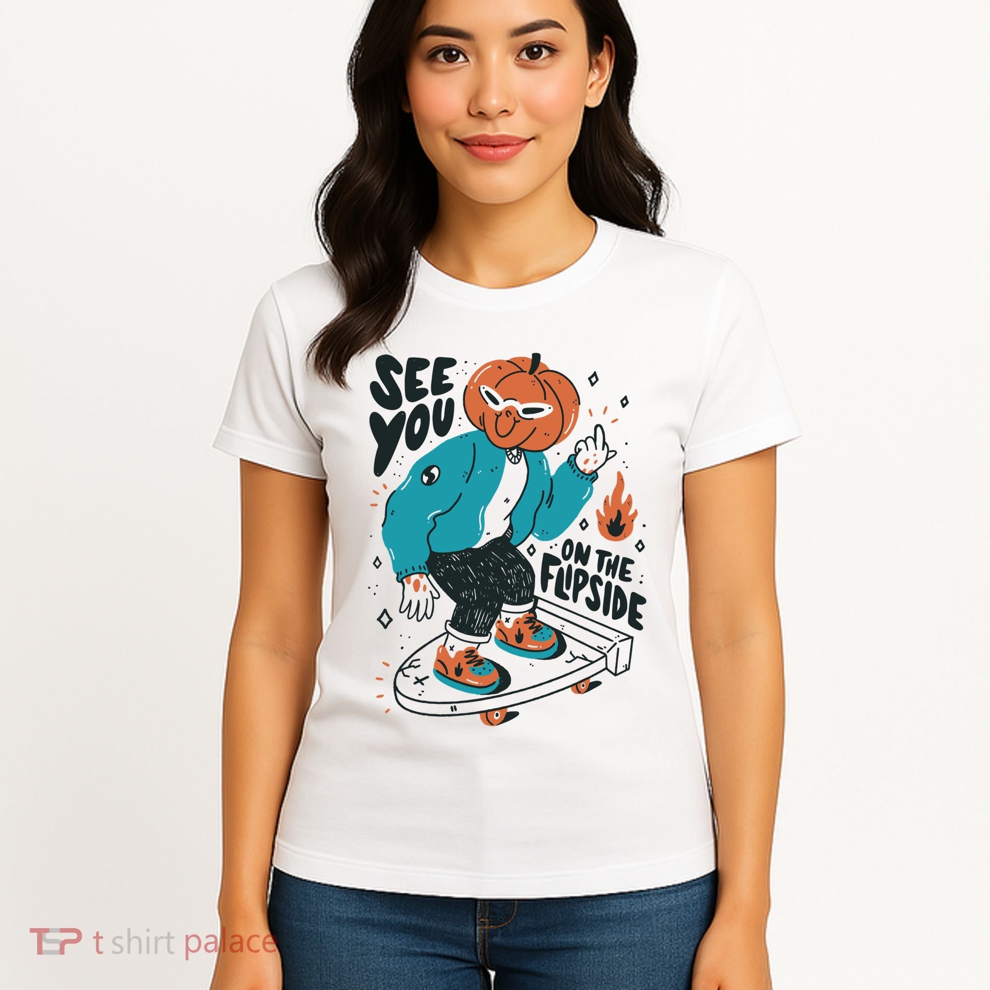 See You On The Flip Side Pumpkin Skateboard Halloween Women's T-Shirt