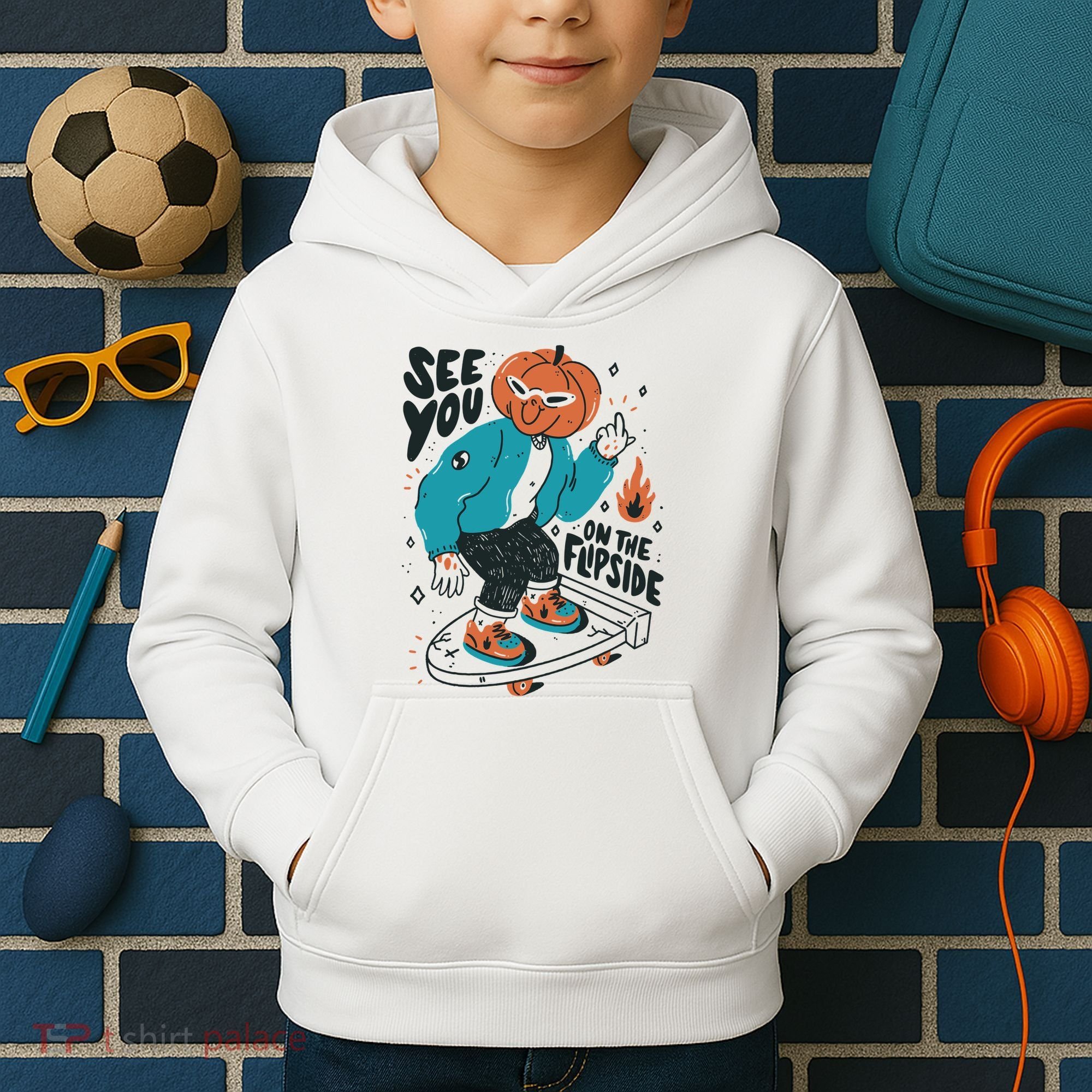 See You On The Flip Side Pumpkin Skateboard Halloween Kids Hoodie