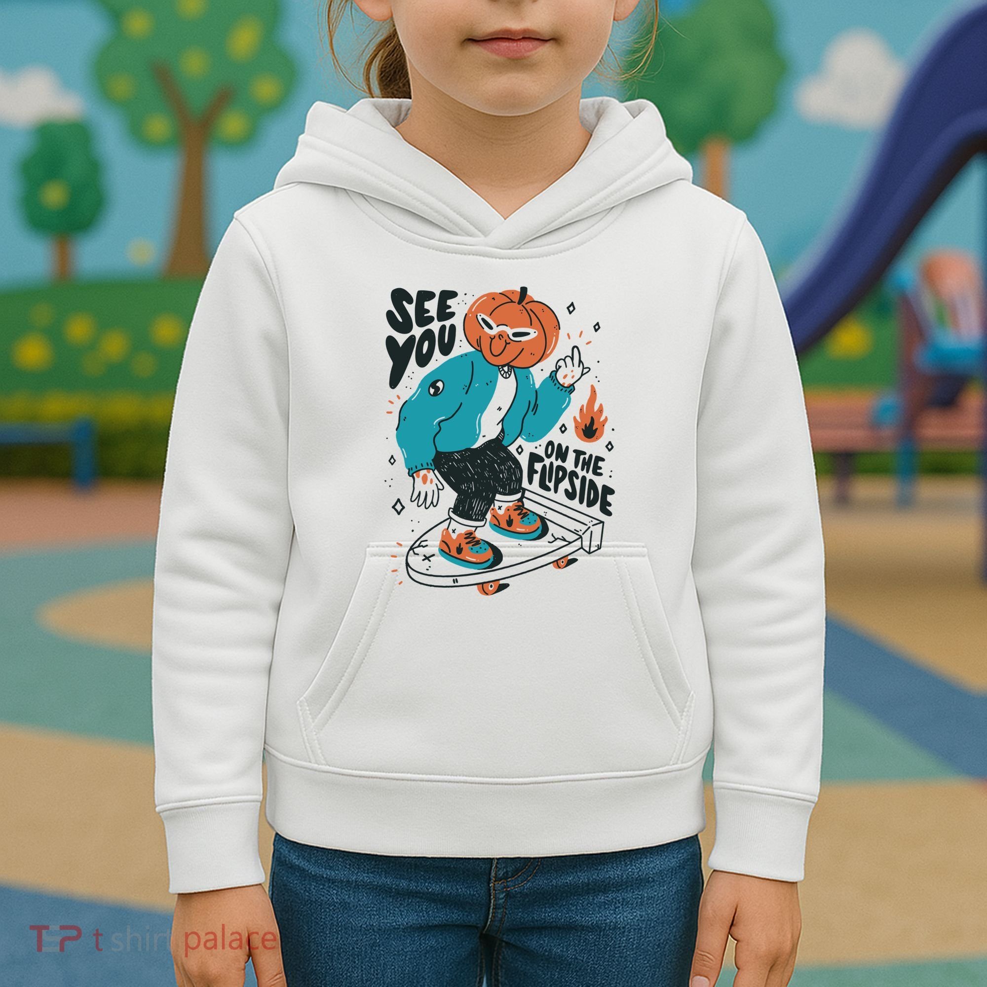 See You On The Flip Side Pumpkin Skateboard Halloween Kids Hoodie