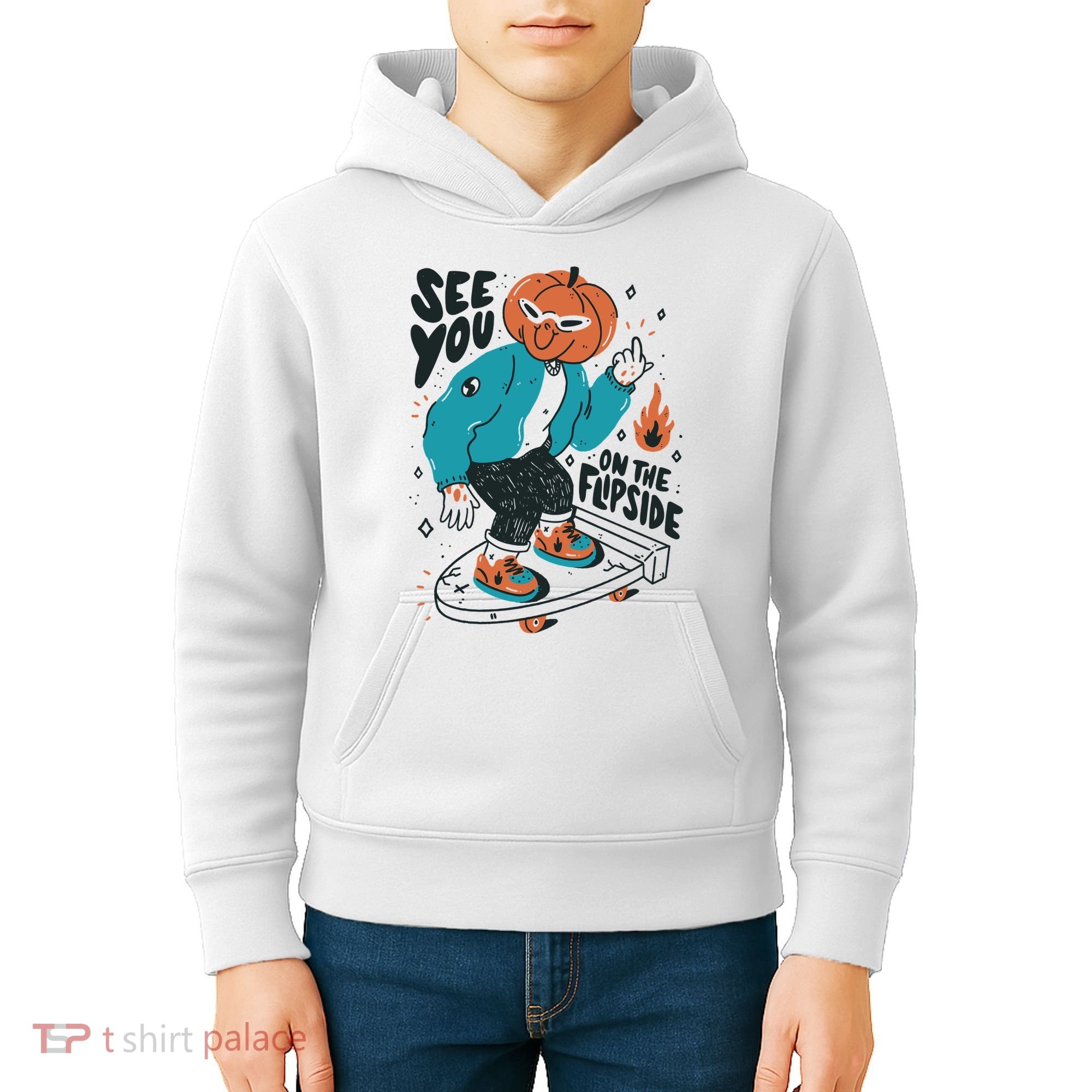 See You On The Flip Side Pumpkin Skateboard Halloween Kids Hoodie