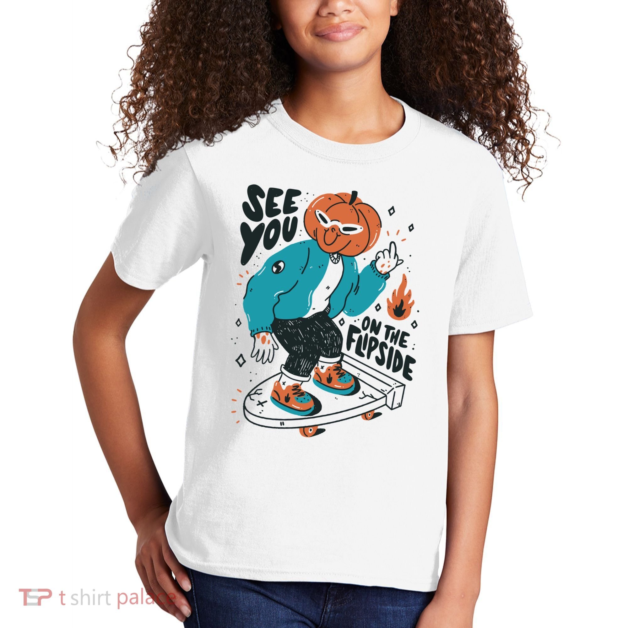 See You On The Flip Side Pumpkin Skateboard Halloween Kids T-Shirt