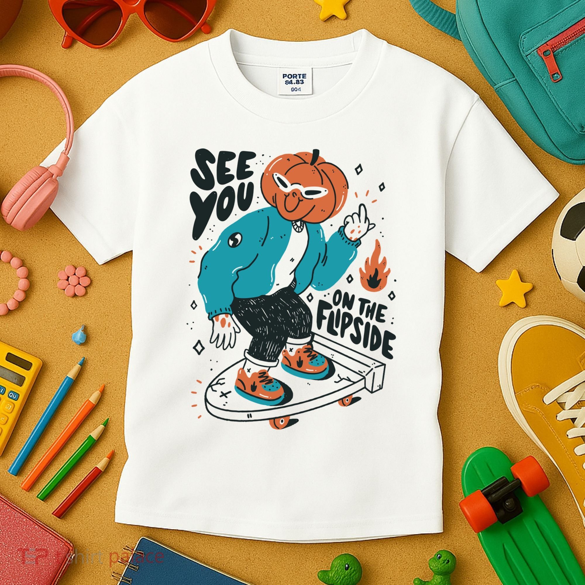 See You On The Flip Side Pumpkin Skateboard Halloween Kids T-Shirt