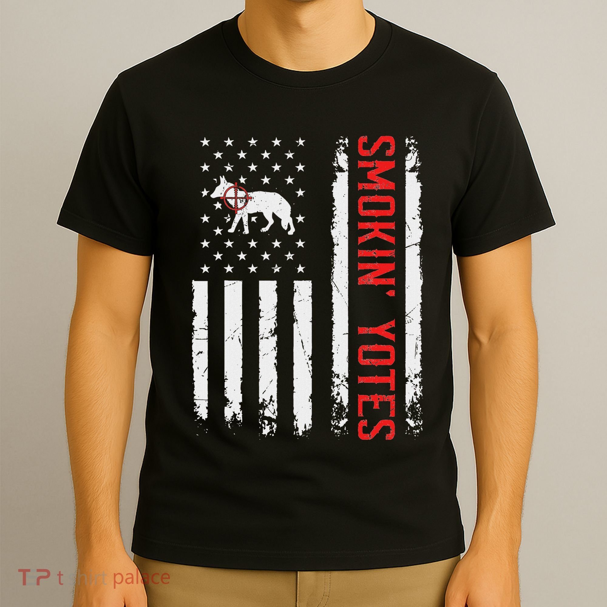 Smokin Yotes Vintage Us Flag Coyote Hunter Hunting Yotes T-Shirt