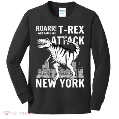 T-Rex Attacks New York Kids Long Sleeve Shirt